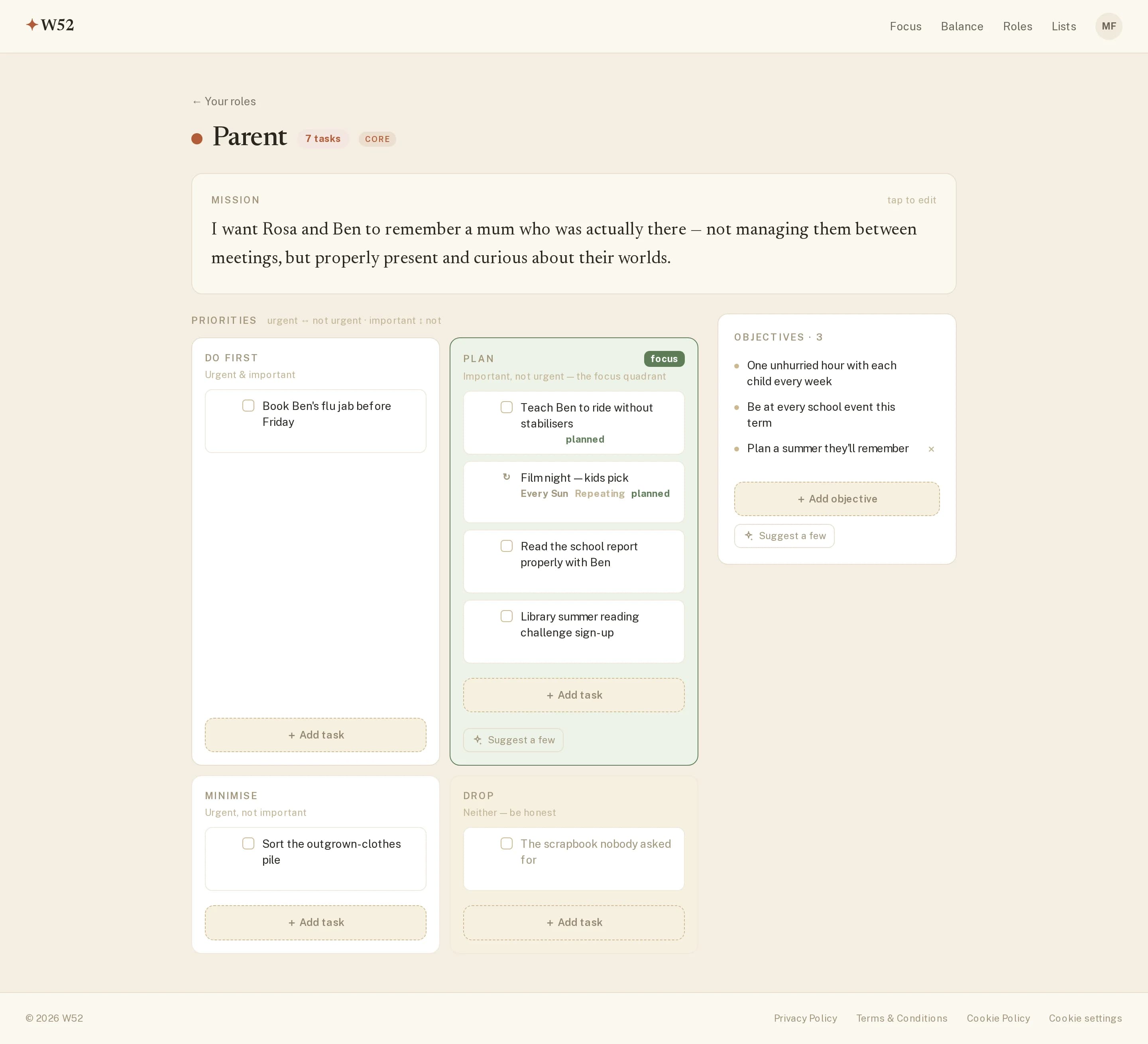 A role page in W52 showing the Parent role: its mission at the top, three objectives on the right, and tasks sorted into four priority quadrants.