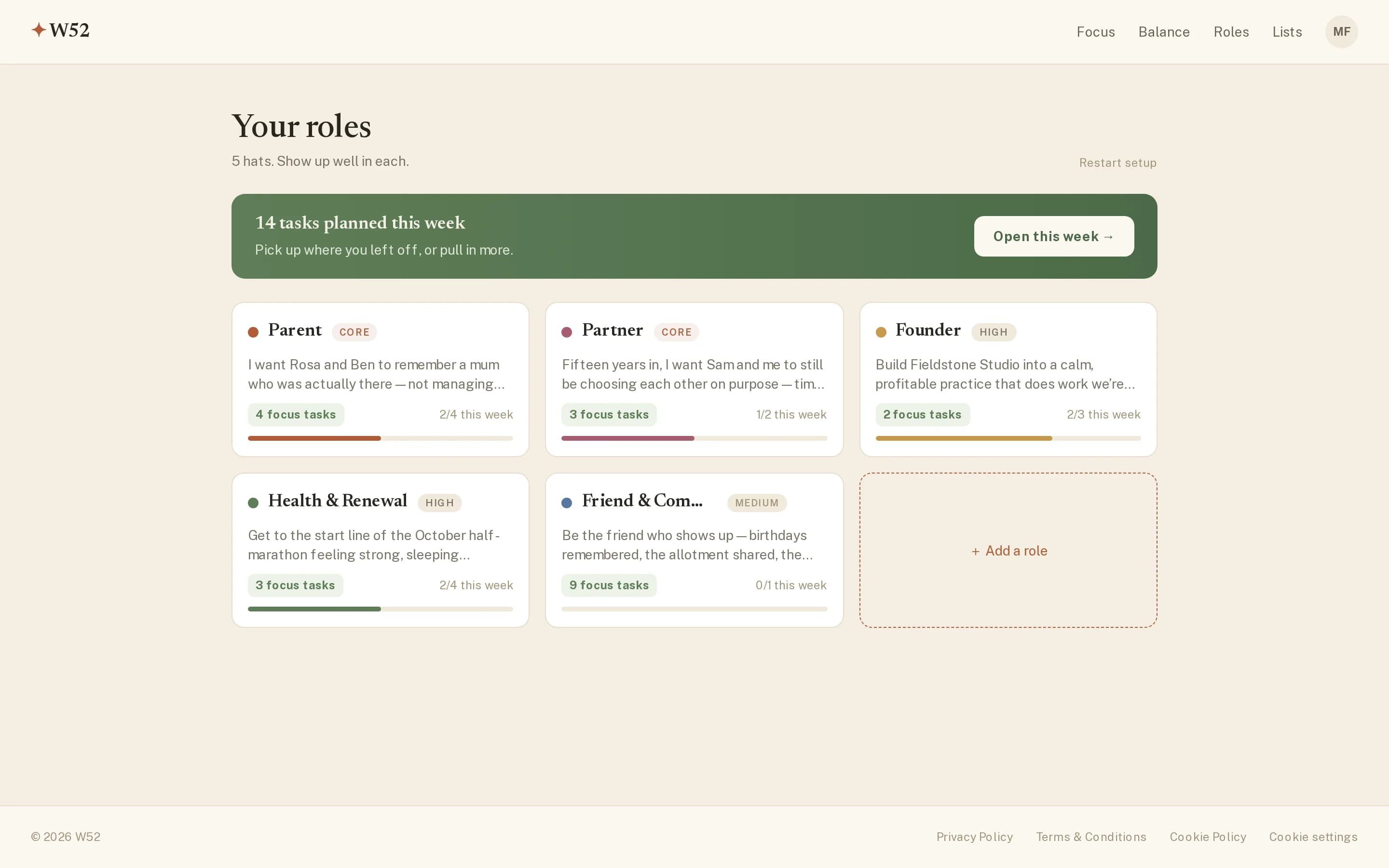 The Roles Hub in W52, showing five colour-coded role cards — Parent, Partner, Founder, Health & Renewal, and Friend & Community — each with a mission and weekly progress.